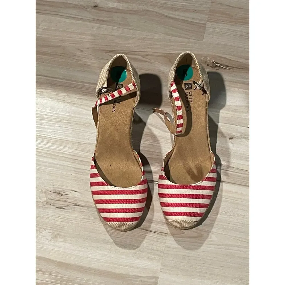 White Mountain red and white espadrilles ankle straps sandals size 8